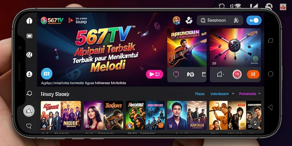 Tampilan screenshot aplikasi 567TV dengan berbagai pilihan musik.