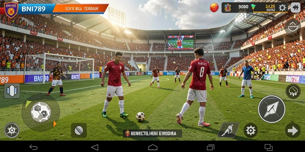 Screenshot utama dari gameplay sepak bola BNI789 yang menunjukkan aksi seru di lapangan.