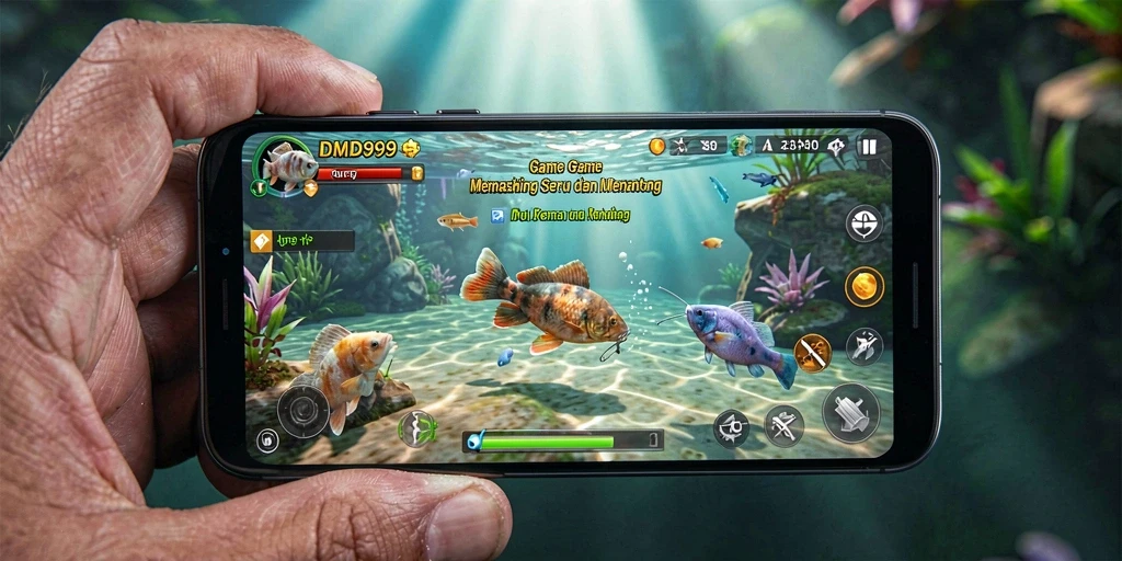 Tampilan gameplay seru DMD999 saat menangkap ikan di lokasi memancing yang indah.