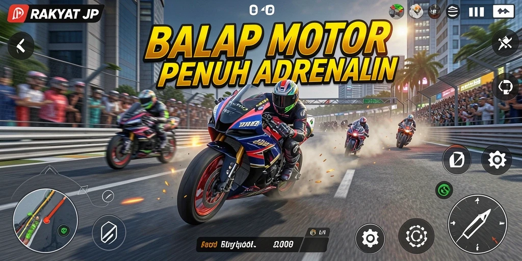 Screenshot gameplay RAKYATJP menunjukkan aksi balap motor yang mendebarkan.